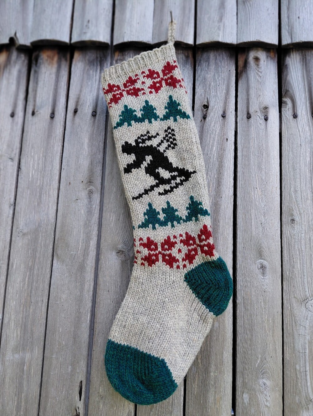 Vintage 80s handmade knit cream wool skiing skiier Christmas stocking USA made